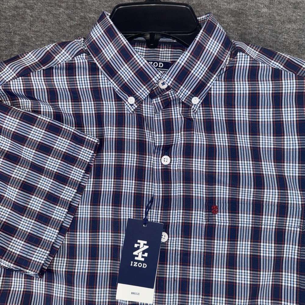 Izod Men Shirt Breeze Short Sleeve Button Down Blue Burgundy Plaid Sz S New